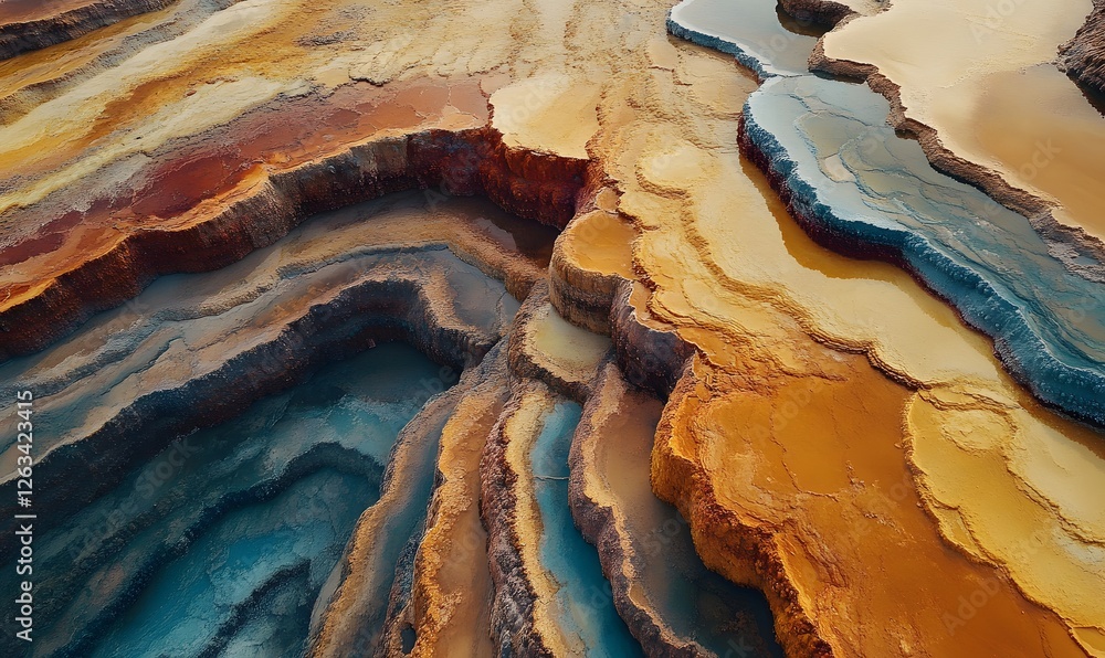 Poster abstract aerial view of layered rock formations with pools of water showing unique colors and textur