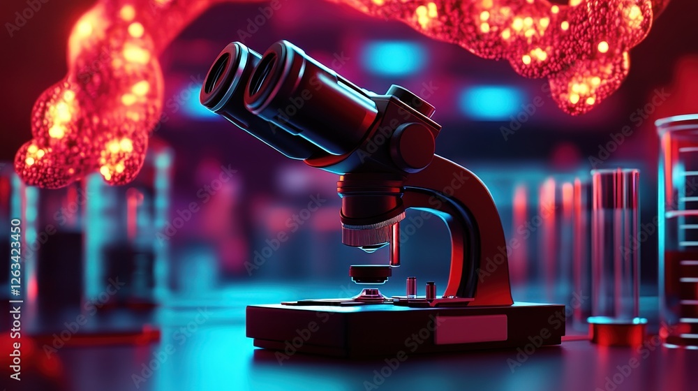 Poster vibrant microscope in a modern lab with colorful dna background