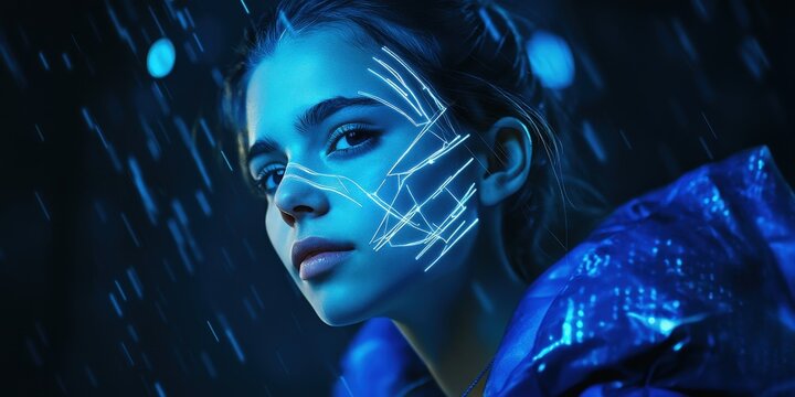 A woman's face illuminated by ethereal blue and white lights, accentuating delicate facial features against a shadowy backdrop, creating an enchanting, mysterious allure