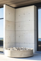 Modern concrete interior design featuring a minimalist stone arrangement near large windows