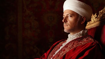 National Dress Day. Regal figure in traditional attire seated on a throne, exuding authority and elegance.