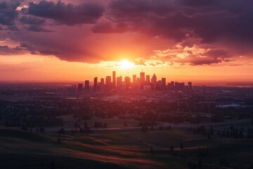 Urban landscape with tall buildings and a vibrant sunset