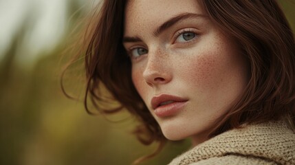 Fototapeta premium Close-up portrait of a woman with distinctive freckles on her face