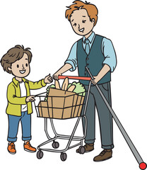 Vector Illustration of a Kind-Hearted Child Helping a Visually Impaired Man with Shopping - Isolated Accessibility and Inclusion Concept