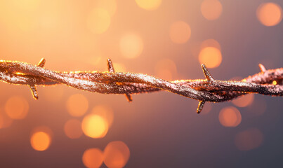 A Beautiful Yet Stark Representation of Restriction: A Close-Up View of Barbed Wire Illuminated by Warm Light and Bokeh Effects
