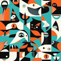 A geometric pet illustration featuring stylized shapes of birds, fish, and cats. The design uses bold, contrasting colors like teal, orange, and black to create a modern and dynamic aesthetic.
