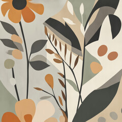A modern, abstract floral illustration with flowers and leaves depicted through sharp geometric shapes and lines. The use of muted pastels and earth tones creates a minimalist, contemporary vibe.