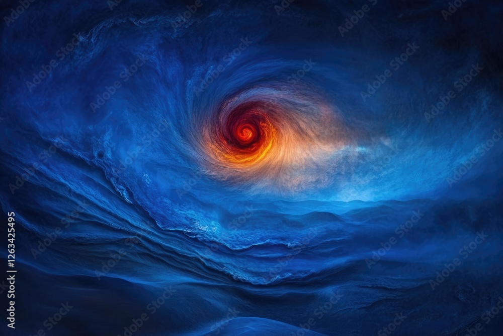 Poster a fiery vortex swirls within a deep blue celestial sea, creating a mesmerizing cosmic spectacle.