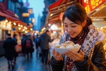 Obraz premium A woman holding a bowl of food on a busy city street, perfect for use in urban lifestyle or social media promotions