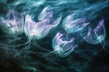 Obraz premium Ethereal jellyfish gracefully float in a dark, teal ocean, their translucent bodies glowing faintly.