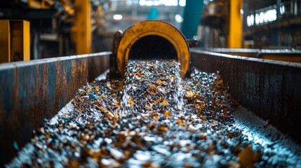 Close-up view of a magnet separator located in a processing facility, extracting metal particles from a mixture of waste. The process improves recycling and material recovery.