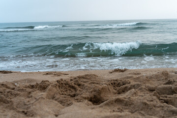 Early Morning Black Sea Sandy Coastline in Turkey under Grayish Sky