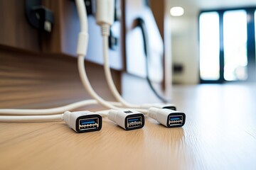 A laptop with two USB cables plugged in