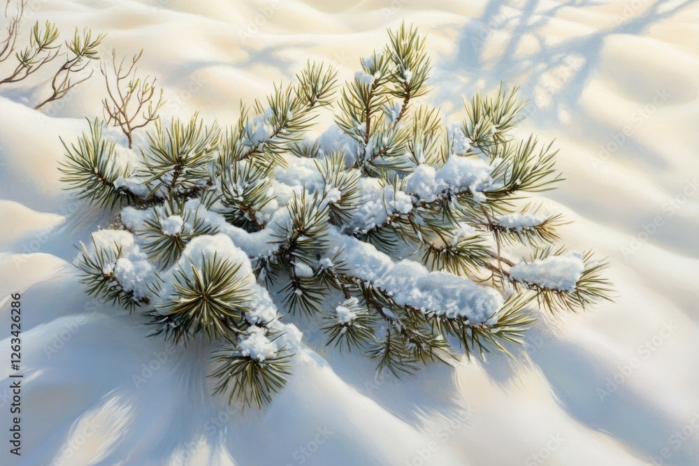 Poster snow-covered pine branch resting on a gently undulating snowdrift, bathed in soft sunlight.