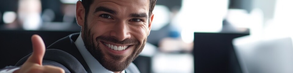 Obraz premium A professional man giving a thumbs up in a suit, suitable for corporate and business use