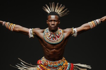 National Dress Day. A male dancer showcases traditional attire and cultural expression with vibrant accessories.