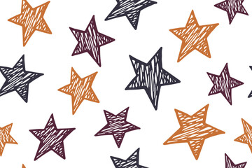 Obraz premium Hand drawn stars cute vector seamless pattern. Cosmos background. Christmas decoration. Wallpaper print with simple scribble stars. Baby clothes ornament.