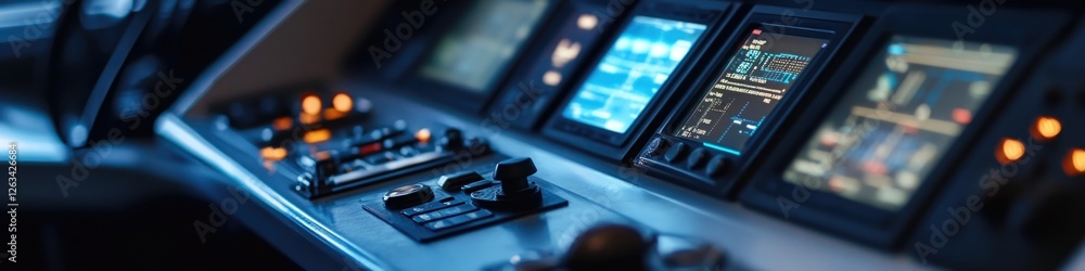 Poster A detailed view of a control panel with multiple screens, suitable for use in tech-related contexts