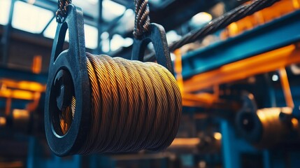 Obraz premium Industrial wire spool hangs, metallic, golden hues.