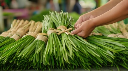 easter market, a busy market selling palm fronds for palm sunday, with people exchanging money and woven crosses in the foreground, and a blurred church in the background