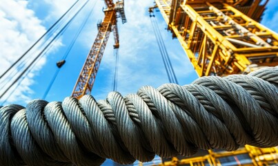 Obraz premium Thick steel cable coils near towering crane