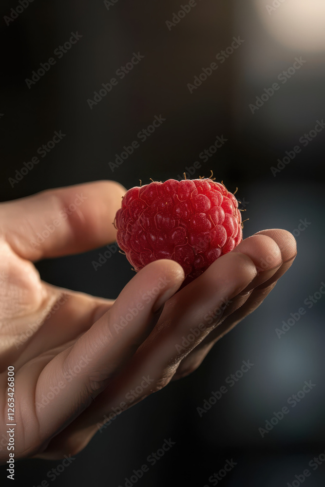 Poster captivating close-up of a fresh raspberry resting in a hand, showcasing the juiciness and vibrant re