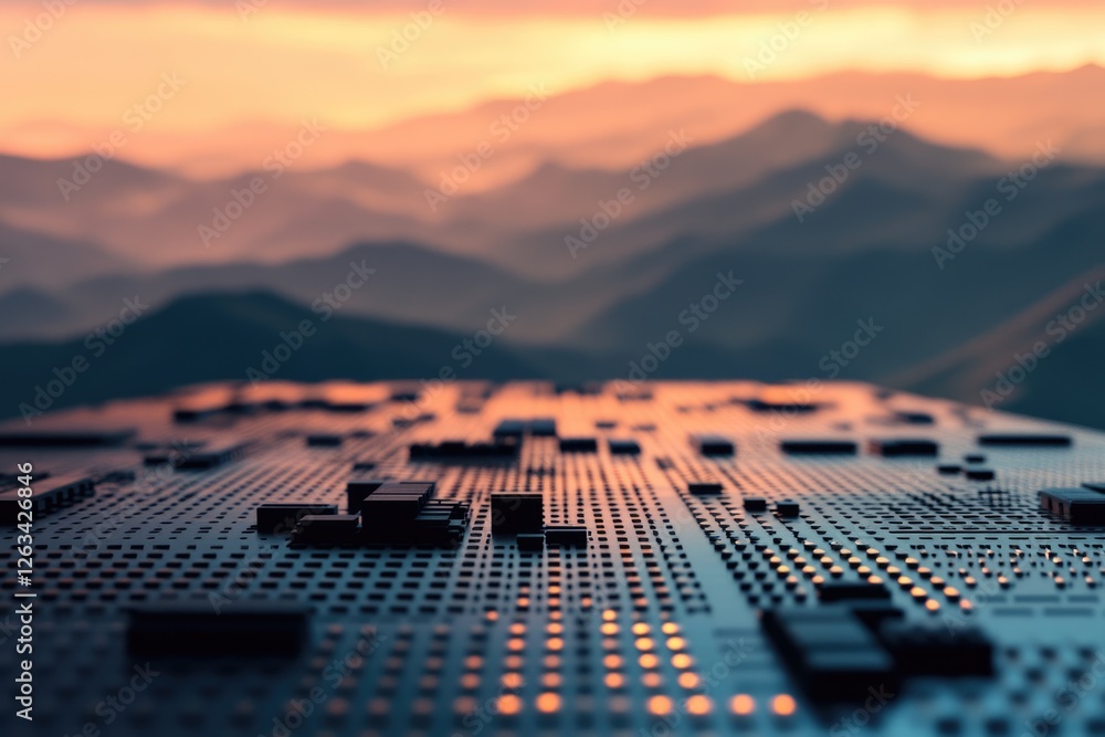 Aufkleber abstract 3d render of a technological surface against a blurred sunset mountain backdrop.