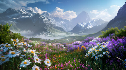 Fototapeta premium Vibrant mountain landscape with blooming wildflowers and majestic peaks under a clear sky