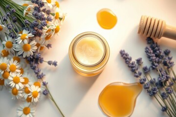 Natural lip balm made with honey, lavender and chamomile. Remedy with natural ingredients. 