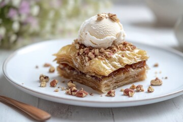 A slice of pie with a scoop of ice cream on top, ready to be enjoyed