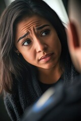 A woman looks at a man in a suit, a professional business setting
