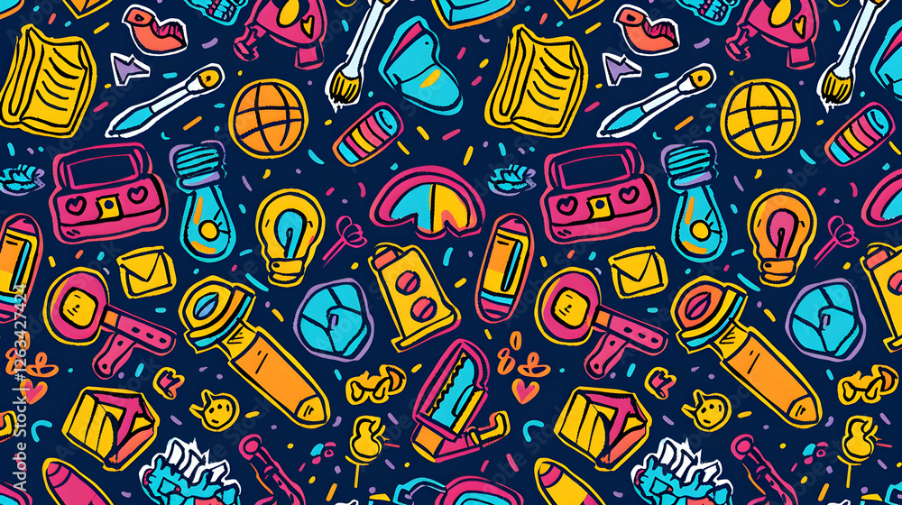 Poster colorful pattern of various creative tools and objects on a dark background, ideal for design use