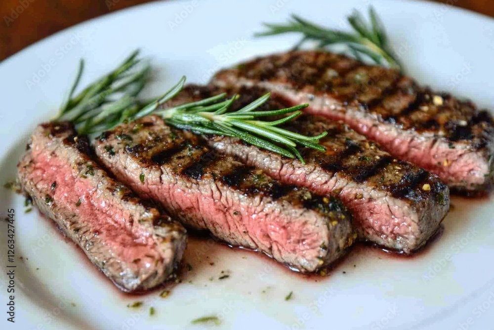 Poster A white plate with a juicy steak and a fragrant sprig of rosemary, perfect for a romantic dinner or special occasion