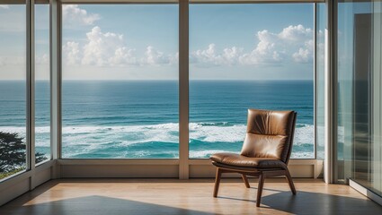 A single chair in a modern room with a large panoramic window offering a stunning ocean view, representing a luxury travel and relaxation concept