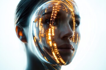 A woman's face is overlaid with glowing digital data streams, symbolizing technological integration and futuristic aesthetics.