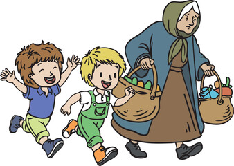 Vector Illustration of Cheerful Children Helping an Elderly Woman Carry Groceries - Isolated Concept of Kindness and Generosity