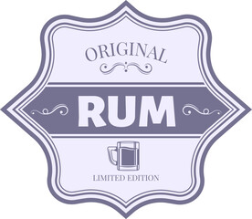Vintage label featuring an original rum limited edition, showcasing an elegant glass symbol in a rich purple monochromatic design, perfect for premium alcohol packaging