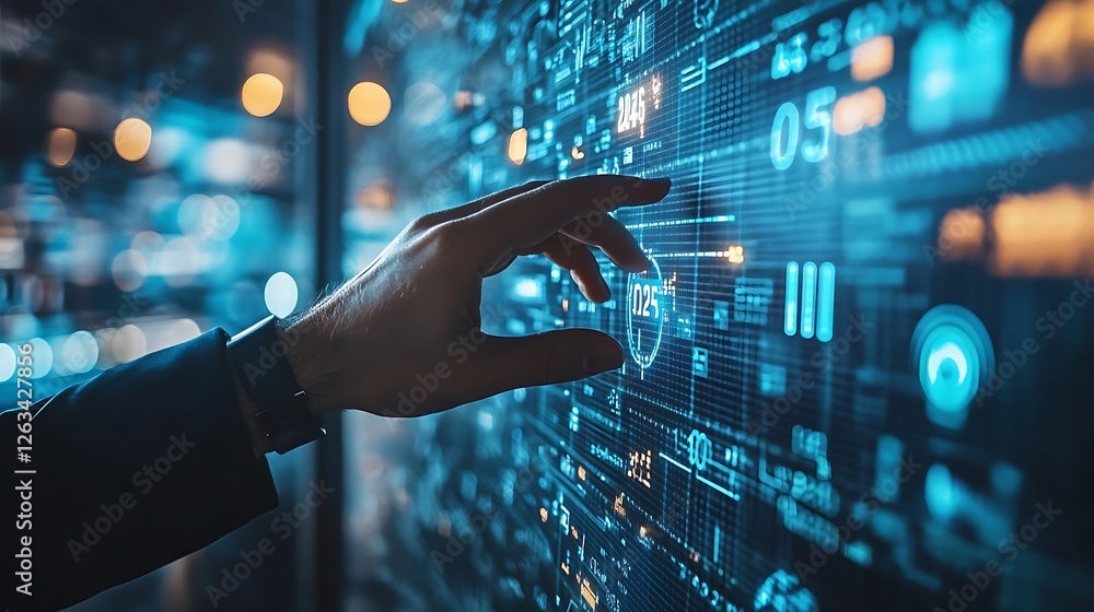 Aufkleber hand interacting with a futuristic digital interface showing data streams and numbers.