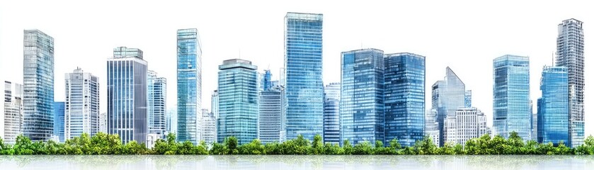 Obraz premium Cityscape skyline, green park, urban, modern architecture, reflection, business