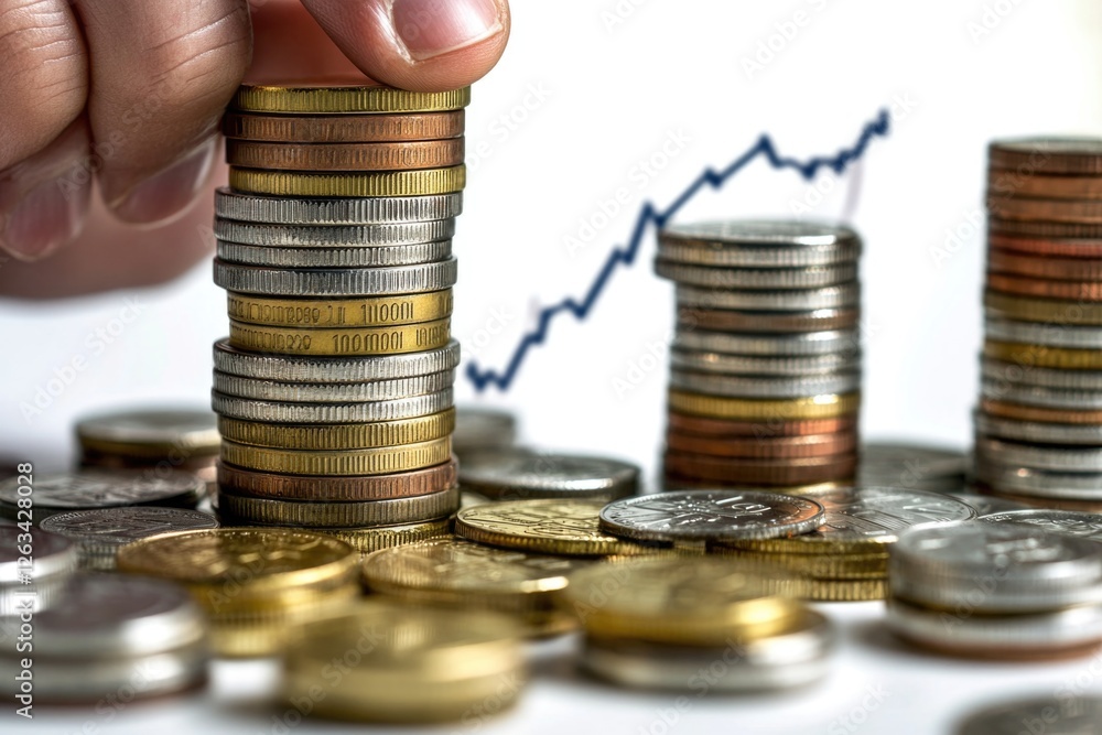 Poster a person adds a single coin to the top of a stack of coins, a common action for saving or investing
