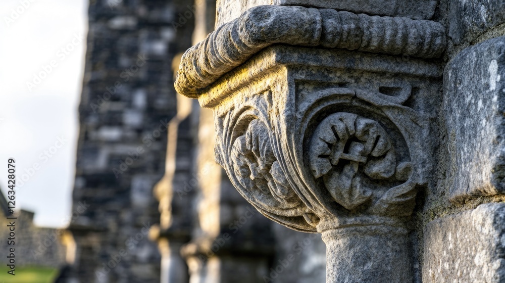 Poster a stone pillar with intricate carvings and a historic building in the background