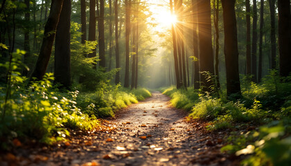 Fototapeta premium Sunbeams Illuminating a Forest Path at Dawn. A picturesque forest path bathed in the golden light of sunrise forest path