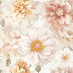 A serene, watercolor floral illustration with delicate peonies, dahlias, and roses in soft hues of blush pink, ivory, and peach. The gentle brushstrokes create an ethereal, peaceful atmosphere.