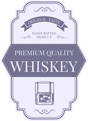 Vintage inspired label design for premium quality whiskey, emphasizing original taste and handcrafted production, featuring a glass with ice