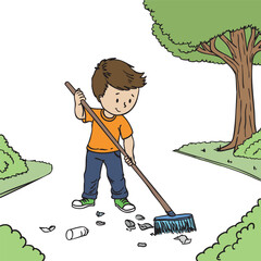 Vector Illustration of a Responsible Boy Cleaning the Park - Isolated Concept of Environmental Awareness and Social Responsibility