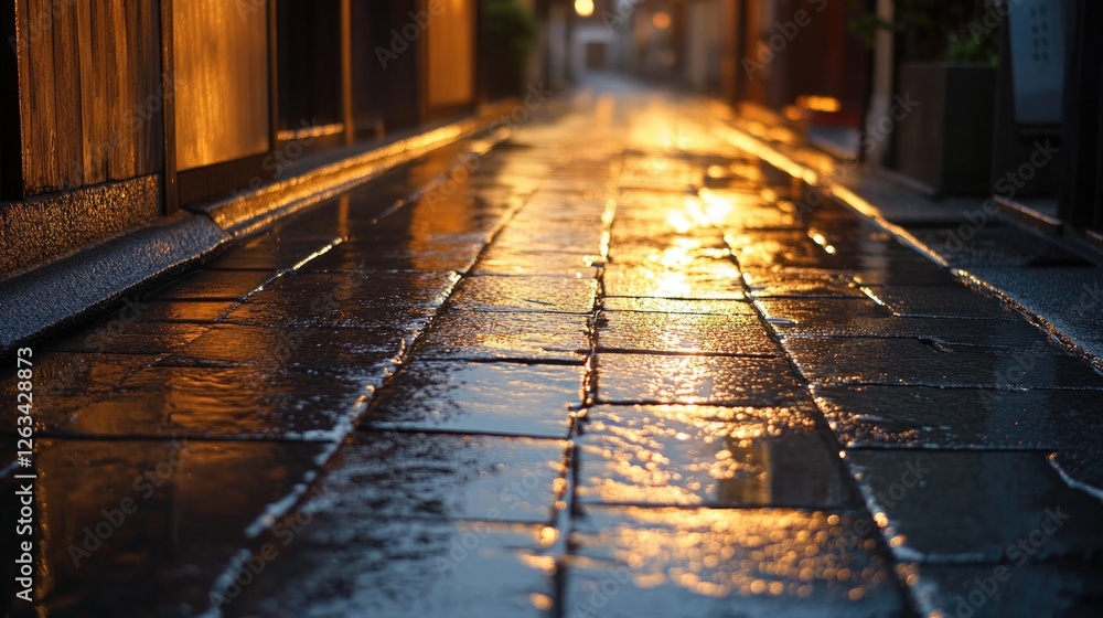 Aufkleber a close-up of a wet sidewalk with a light shining down, suitable for use in an urban or cityscape co