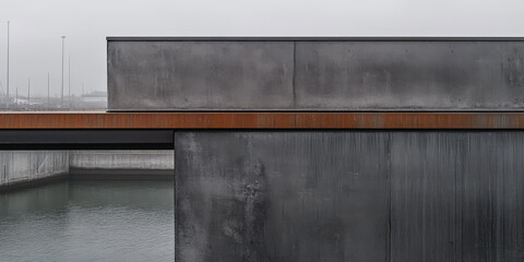 Modern architectural design of a waterfront building under cloudy skies