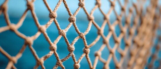 Fototapeta premium Close-up of fishing net, ocean background. Website, texture
