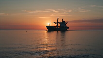 A Large Freight Ship Moves Across the Sea at Dusk, Creating a Dramatic Silhouette Against the Setting Sun