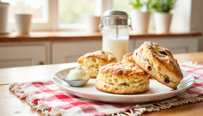 Scones with clotted cream on country kitchen table, rustic comfort